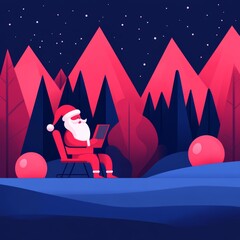 Poster - A stylized Santa Claus sitting in a winter landscape at night.