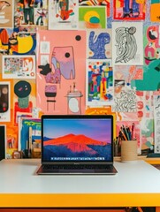 Poster - A laptop sits on a desk surrounded by vibrant art pieces, providing an inspiring and creative workspace atmosphere for productivity. Generative AI