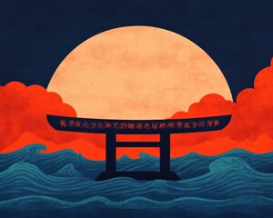 Wall Mural - A stylized torii gate silhouette against a large moon and waves.