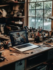 Aufkleber - A laptop sits on a wooden desk surrounded by art supplies, tools, and natural light streaming through a large window. Generative AI