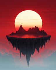 Sticker - A surreal floating island with mountains and a large sun in a red sky.