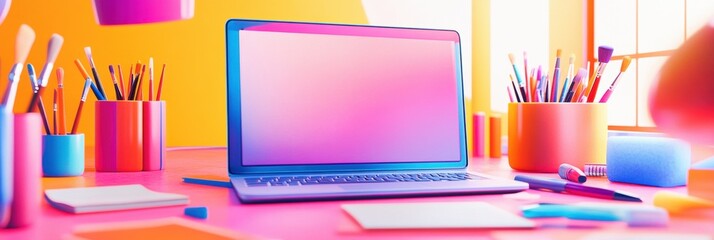Leinwandbilder - A colorful workspace showcases an open laptop alongside bright stationery and art supplies, creating an inviting atmosphere for creativity. Generative AI