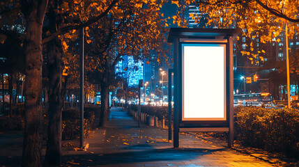 Blank white vertical digital billboard poster on city street bus stop sign at night Street advertising bus stop mockup