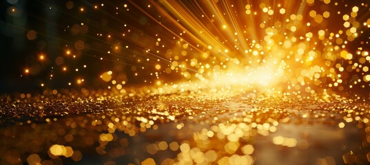 Wall Mural - golden glitter background with defocused lights and rays for celebrations and holidays.