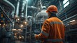 © Alpha - Industrial engineer in a hard hat using a tablet, standing in front of massive factory equipment, digital schematics visible, high-tech facility