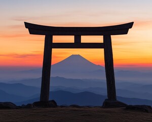 Wall Mural - A torii gate silhouetted against a sunset with Mount Fuji in the background.