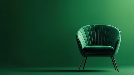   A green chair sits in a green room, flanked by two black chairs in the center