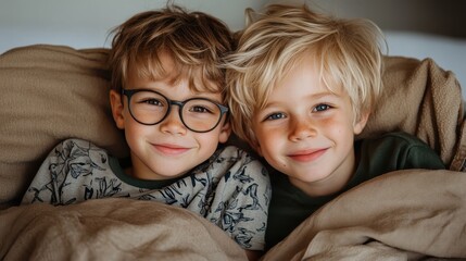 Image of two adorable boys wearing glasses, sharing warm smiles and cozying up together indoors, depicting a moment of innocence and friendship.