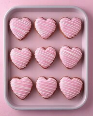 Poster - A tray of heart-shaped pink donuts with white icing stripes.