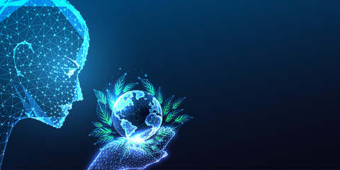 Wall Mural - Sustainable development concept with AI robotic head holding Earth with leaves on blue background.