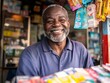© DKPhoto - A mature man with a gray beard smiles broadly at a newsstand full of colorful publications, representing happiness, contentment, and daily life connections.