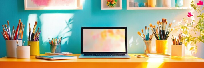 Leinwandbilder - A vibrant workspace features a laptop at center stage, surrounded by art supplies and colorful decor, inviting creative inspiration. Generative AI