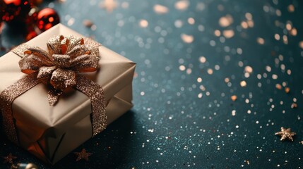 This image captures an elegant gift box wrapped in a shiny ribbon, placed on a dark background sprinkled with glittering stars to evoke a sense of luxury and celebration.