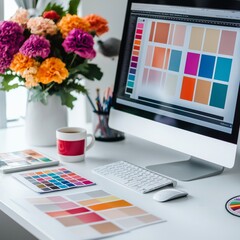 vibrant workspace with color swatches and modern computer display