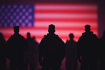 A dramatic image of United States military heroes silhouetted before the nation's flag, celebrating Veterans Day, Memorial Day. Generative AI