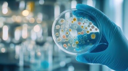 Poster - A laboratory technician studies various bacterial colonies in a petri dish, highlighting microbial diversity under fluorescent lights. Generative AI