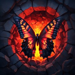 Canvas Print - A vibrant butterfly emerging from a rocky, glowing environment.