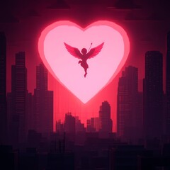 Sticker - A vibrant cityscape illuminated by a heart-shaped light and a winged figure.