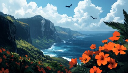 Canvas Print - A vibrant coastal landscape with mountains, ocean, and blooming flowers.