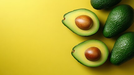 The image shows several whole green avocados and two perfectly halved ones, revealing their creamy interior and large seeds, laid on a vivid yellow background, creating visual interest.