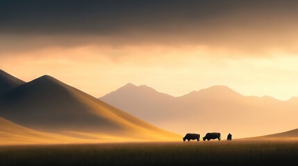 Wall Mural -   A pair of cows grazing on a green meadow beneath towering mountains, obscured by mist