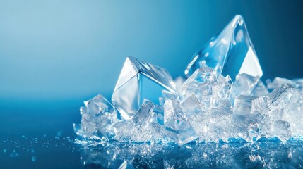 Leinwandbilder - Icy crystals scatter light in stunning geometric shapes, creating a vibrant interplay of reflections against a soft blue backdrop. Generative AI