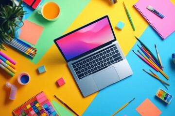 Aufkleber - A laptop is placed at the center of a lively workspace filled with art supplies, colorful sticky notes, and a drink in a bright environment. Generative AI
