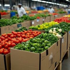 Wall Mural - A vibrant market scene with boxes of fresh vegetables and people working.