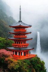 Wall Mural - A vibrant pagoda amidst lush greenery and a waterfall in a misty landscape.