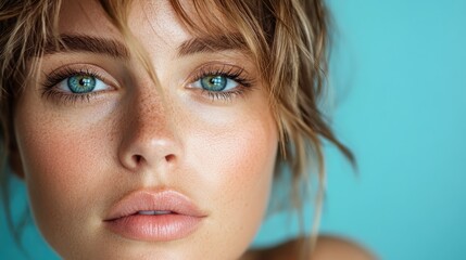 A close portrait reveals a woman's intense gaze with sparkling blue eyes against a teal background, showcasing her natural beauty and expressive features.