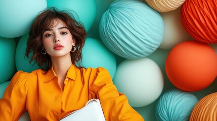 A woman with chic style stands in front of a vibrant geometric backdrop of pastel and orange hues, reflecting modern fashion aesthetics with elegance.