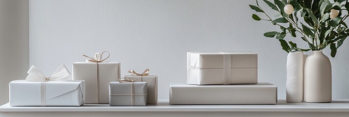 Aufkleber - Stylish geometric gift boxes are neatly displayed on a shelf alongside a simple vase filled with greenery and decorative flowers. Generative AI