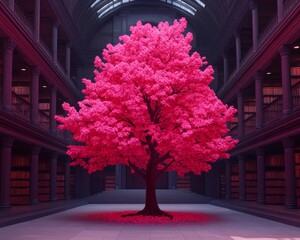 Poster - A vibrant pink tree in a grand library setting.