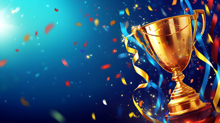 Poster - Golden trophy and streamers in sport competition with blue background 