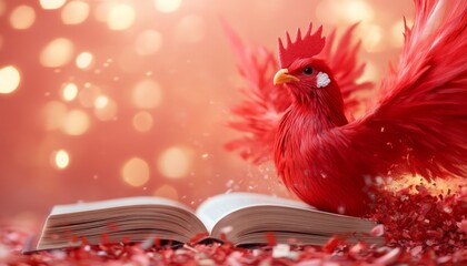 Canvas Print - A vibrant red bird perched on an open book amidst a dreamy background.