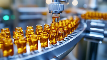 Aufkleber - Medical vials on production line at pharmaceutical factory Pharmaceutical machine working pharmaceutical glass bottles production line