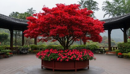 Canvas Print - A vibrant red tree surrounded by flowers in a serene garden setting.