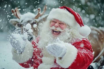 Poster - Man dressed as Santa Claus throwing snow in the air, with a joyful expression and vibrant winter background, capturing the holiday spirit.