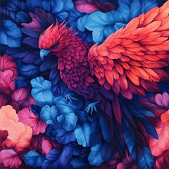 Poster - A vibrant, stylized bird amidst colorful floral patterns.