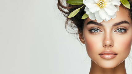 Beautiful young hispanic latina woman with flowers and petals on her face. Beauty parlor horizontal banner concept, copyspace Light background.