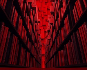 Canvas Print - A visually striking library with red tones and abstract book structures.