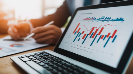 Business person evaluates metrics for charts and graphs with statistics to innovative analyze business potential and forecast future development of companies growth., setting goals for expansion.