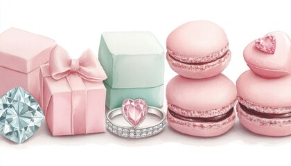 Poster - A whimsical arrangement of pink macarons, gifts, and sparkling jewelry.