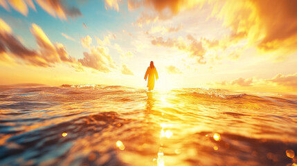 Symbolic Image of Jesus Walking on Water at Sunrise, Representing Faith and Miracles in a Spiritual and Serene Setting With Rippling Waves and Light. Generative AI