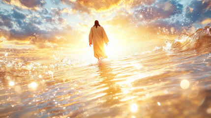 Symbolic Image of Jesus Walking on Water at Sunrise, Representing Faith and Miracles in a Spiritual and Serene Setting With Rippling Waves and Light. Generative AI