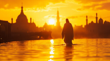 Symbolic Image of Jesus Walking on Water at Sunrise, Representing Faith and Miracles in a Spiritual and Serene Setting With Rippling Waves and Light. Generative AI