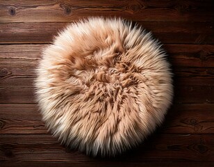 round sheepskin rug on rustic wood background, photography backdrop, product or newborn, fluffy circle 