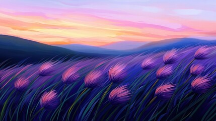 Wall Mural -   A painting of a field of purple flowers with a sunset in the background and mountains in the distance