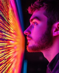 Poster - A young man gazing at a vibrant, colorful light display.