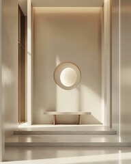 Wall Mural - Minimalist interior design with a circular window. AI.